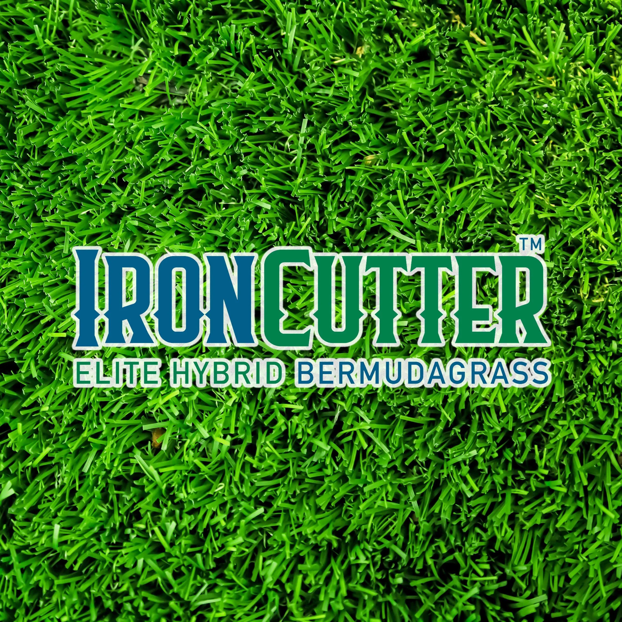 Close-up of lush green Bermuda grass turf with a logo reading "IRONCUTTER" and additional text "ELITE HYBRID BERMUDA GRASS."