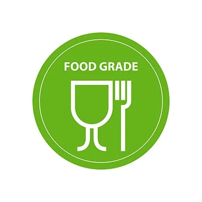 Green circular badge with white icon of a wine glass and fork, and the words 'Food Grade' at the top.