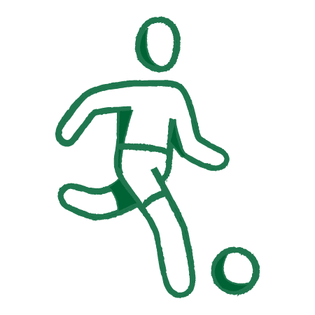 Simple green line drawing of a person playing soccer, kicking a ball.