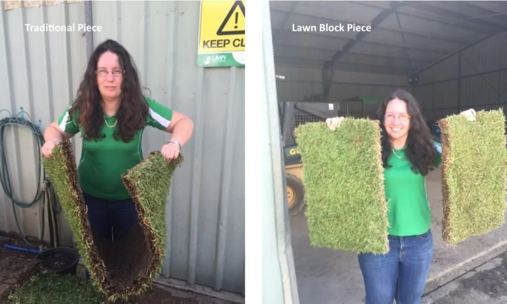 Comparison of two images showing a woman in a green shirt holding pieces of grass or turf; on the left, a traditional piece with a curved shape, and on the right, a lawn block piece, both being held up to compare size and shape.
