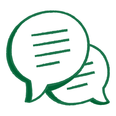 Two overlapping speech bubbles with lines representing text inside, depicted in green outline.