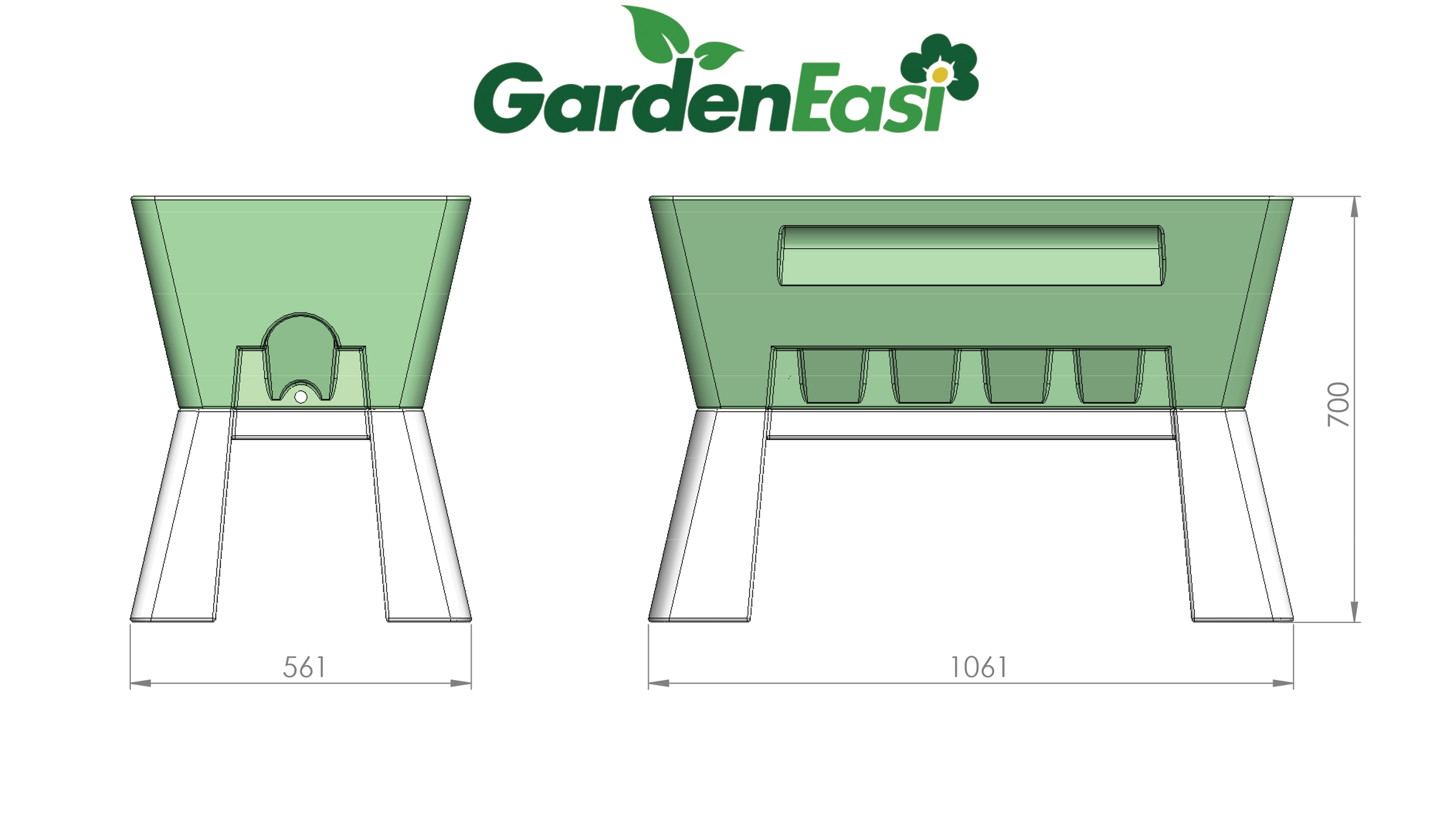 Technical drawing of a green planter with dimensions, labeled GardenEasi, showing front and side views.