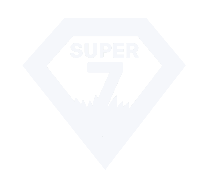 A black and white emblem resembling Superman's shield with the words 'SUPER' at the top and a large '7' in the center, with jagged edges beneath the number.