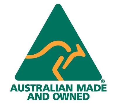 Green triangle logo with a stylized kangaroo in yellow and text reading 'Australian Made and Owned'.