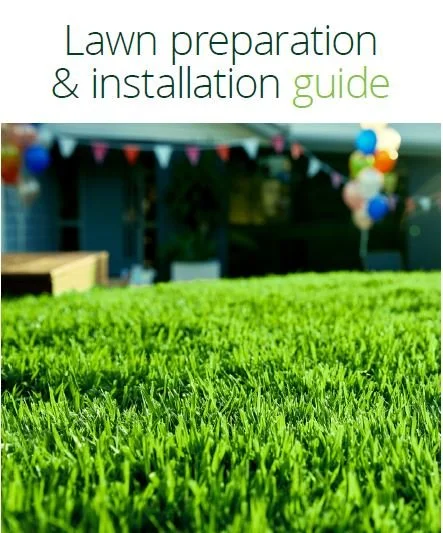 Cover page of a Lawn preparation and installation guide featuring a close-up of a green, freshly cut lawn in the foreground and a house with colorful balloons and bunting in the background.