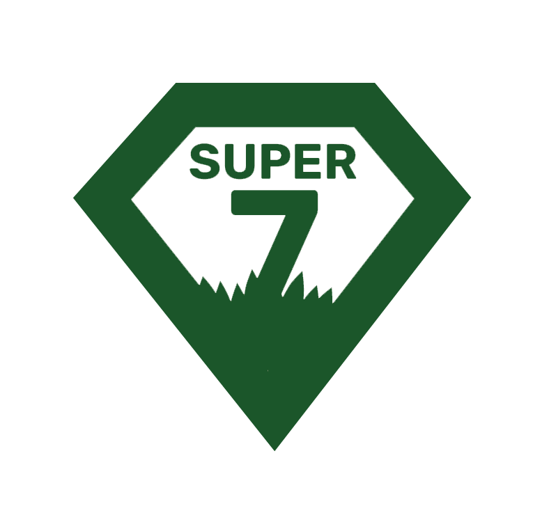 Green superhero emblem with the word 'SUPER' above a bold number 7, inside a stylized diamond shape.