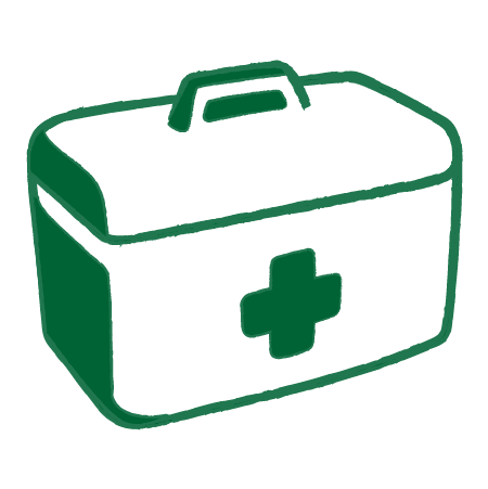 Green medical first aid kit with a cross symbol.