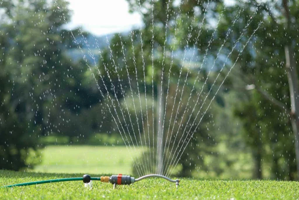 A garden hose connected to a sprinkler emits water droplets onto a grassy lawn with trees in the background.