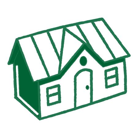 Illustration of a green house with a pitched roof, door, and windows.