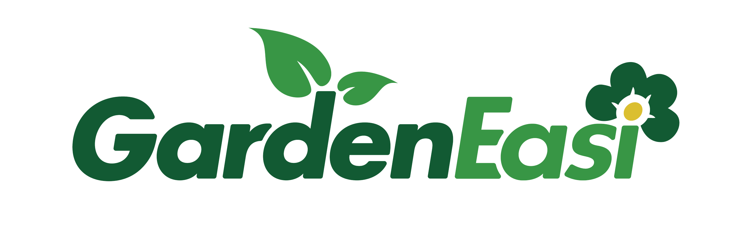 Logo with the word 'GardenFast' in green letters, with a small flower at the end and leaves over the letter 'd' in 'Garden'