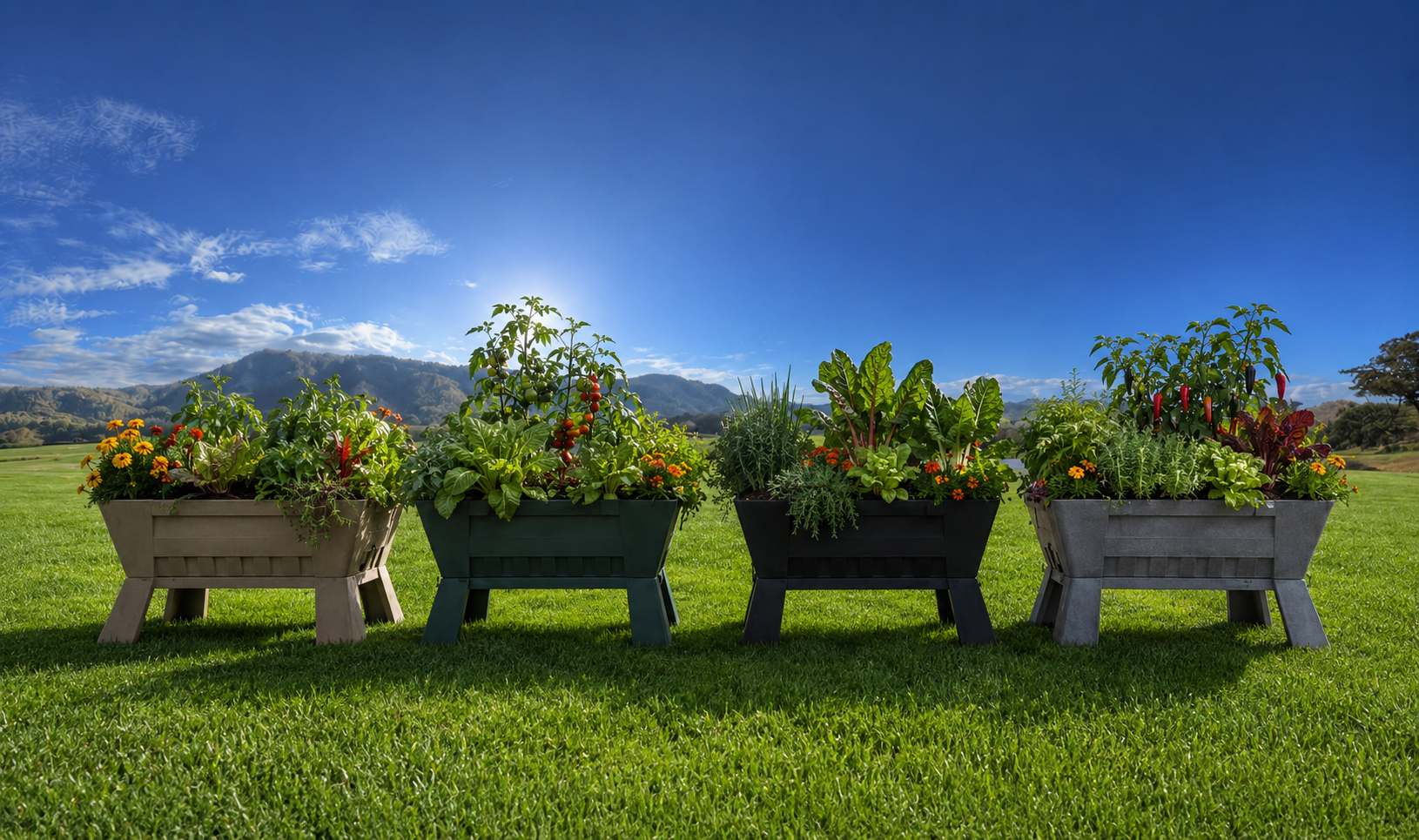 Four raised garden beds filled with vegetables and flowers, situated on a grassy field with mountains and blue sky in the background.