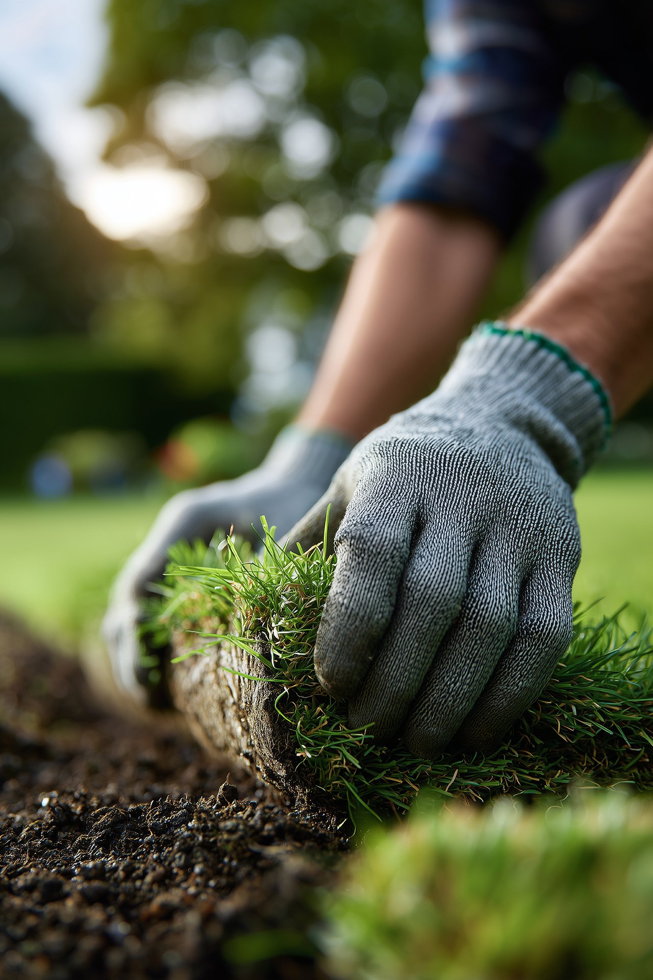 A person wearing a glove planting grass slabs in soil outdoors.