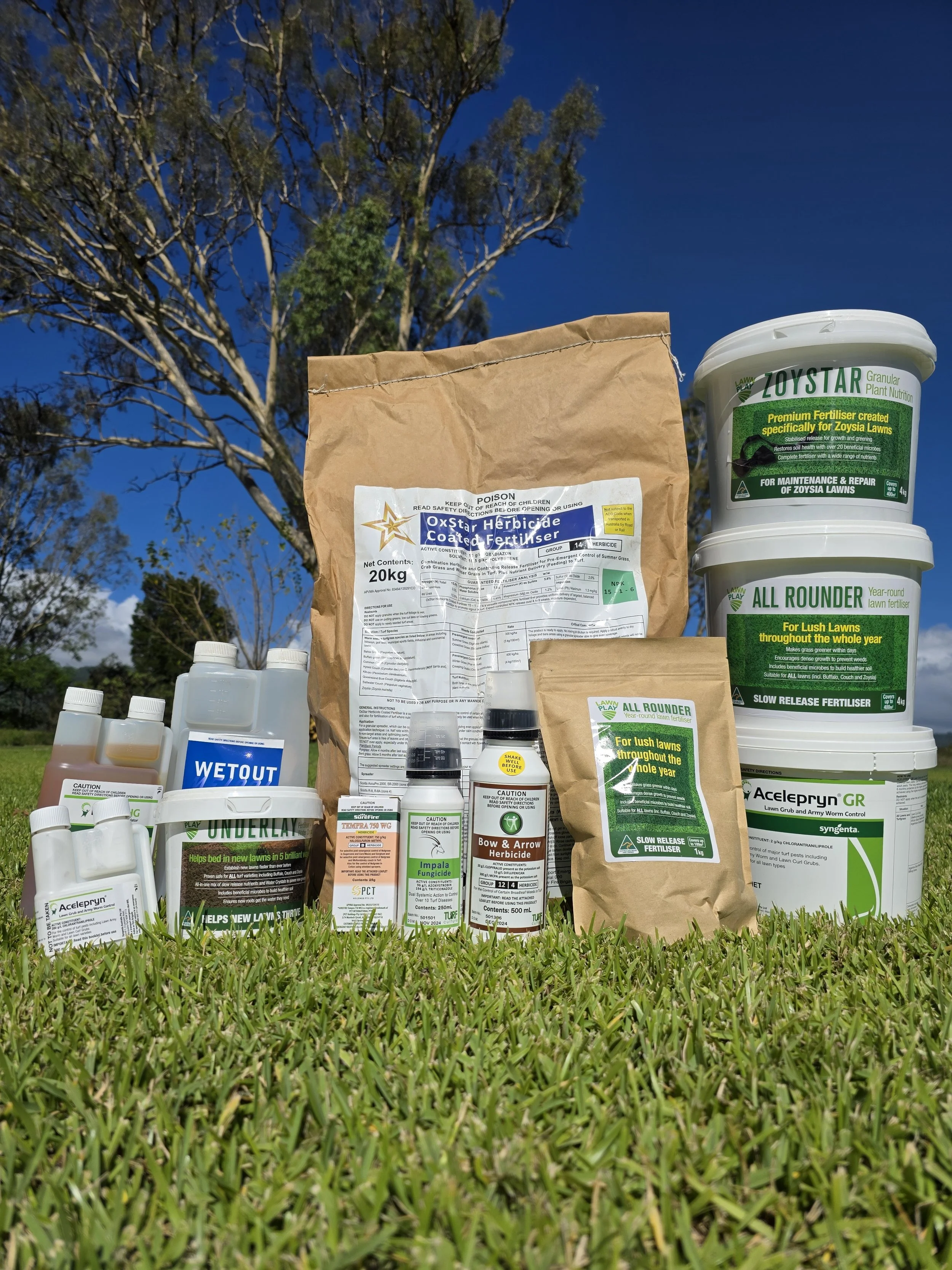 A picture showing all the turf care products that Australian Lawn Concepts and Glenview Turf sell.