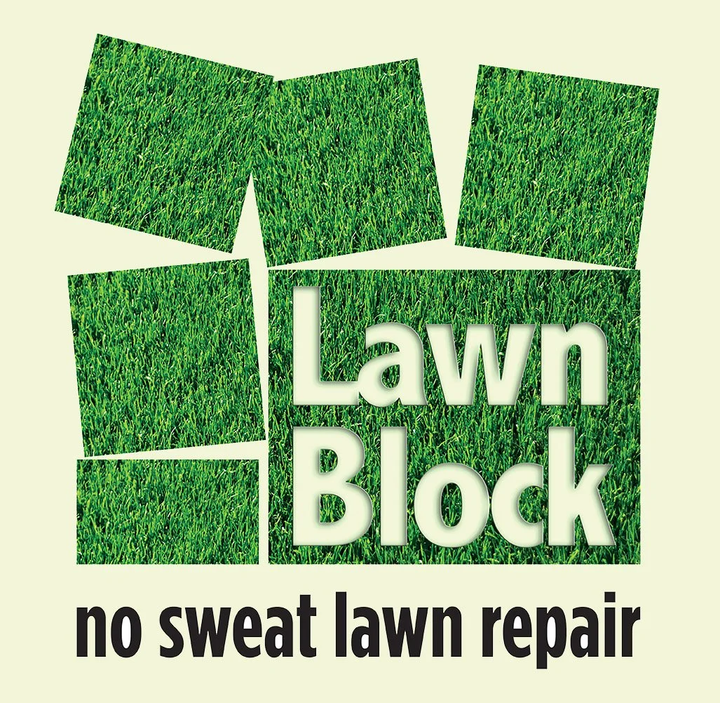 Logo for Lawn Block featuring green grass squares with the text 'Lawn Block' and the slogan 'no sweat lawn repair' on a light green background.