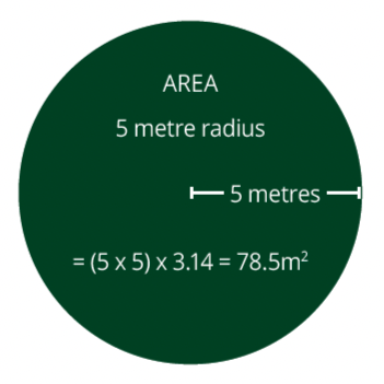 Diagram of a circle with a 5-meter radius, showing area calculation as 78.5 square meters.
