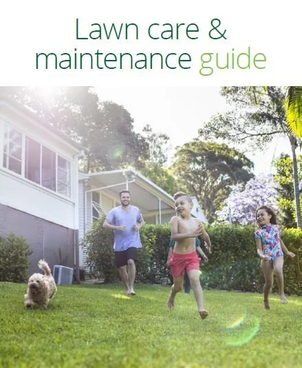 A family of three children and a man enjoying a sunny day in the backyard, with a small dog running on the grass and trees and a house in the background, on the cover of a lawn care and maintenance guide.