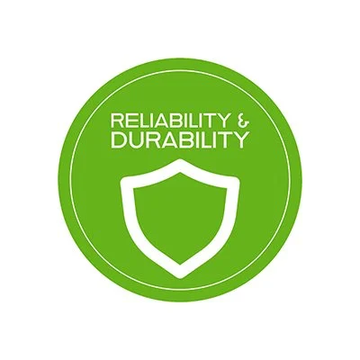 Green circular badge with a white shield icon and the text 'Reliability & Durability' inside.