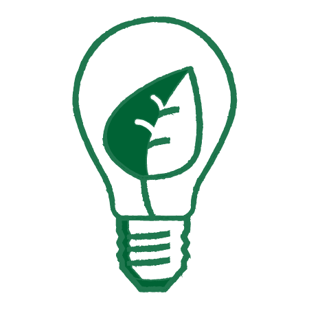A green illustration of a light bulb with a tree inside it.