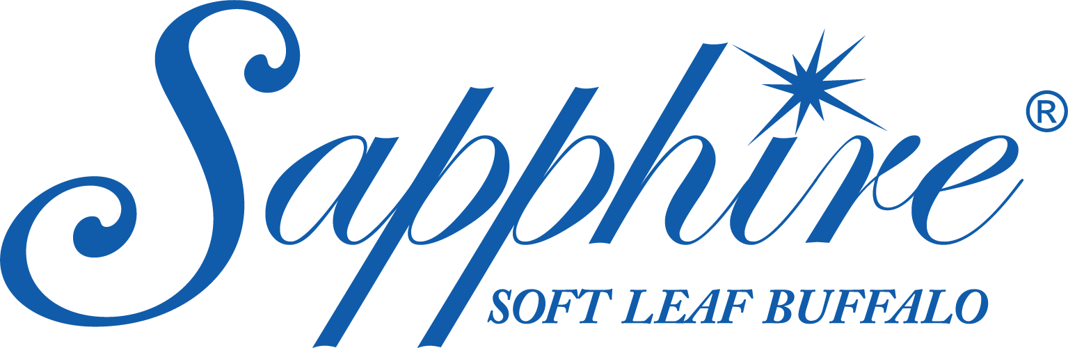 Logo for Sapphire Soft Leaf Buffalo, featuring the word 'Sapphire' in elegant cursive with a star above the 'i', and a smaller, capitalized tagline 'SOFT LEAF BUFFALO' underneath.