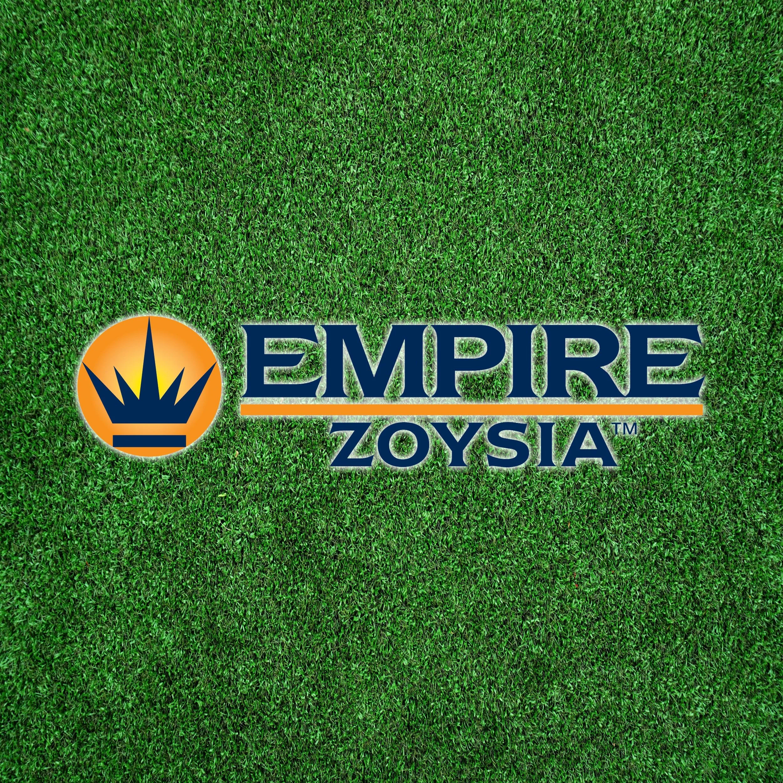 A close-up view of lush green grass with a logo of Empire Zoysia in the middle.