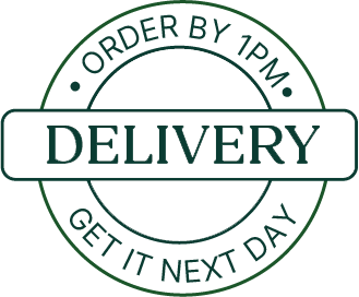 A circular logo with the words 'ORDER BY 1PM' at the top, 'DELIVERY' in the center, and 'GET IT NEXT DAY' at the bottom, all in green text.
