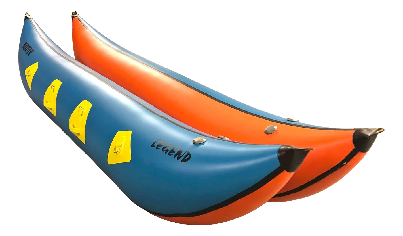 Blue and orange inflatable canoe with yellow attachment points and black trim