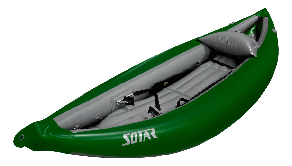 Green SOTAR inflatable kayak with gray seats and adjustable footrests