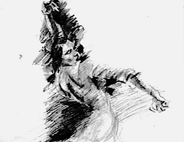 Sketch of a person riding a horse.