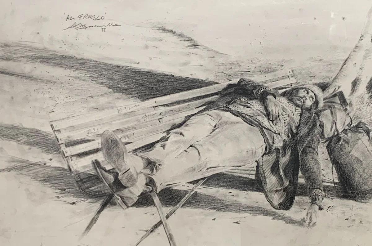 A sketch of a man lying on a park bench, resting with one arm on the ground and the other arm across his chest, wearing glasses, a hat, and layered clothing. There are bags or other items next to him.