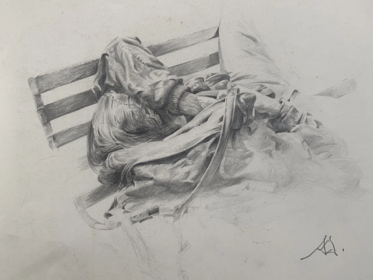 A detailed pencil drawing of an elderly person sleeping on a wooden bench, covered with a blanket.