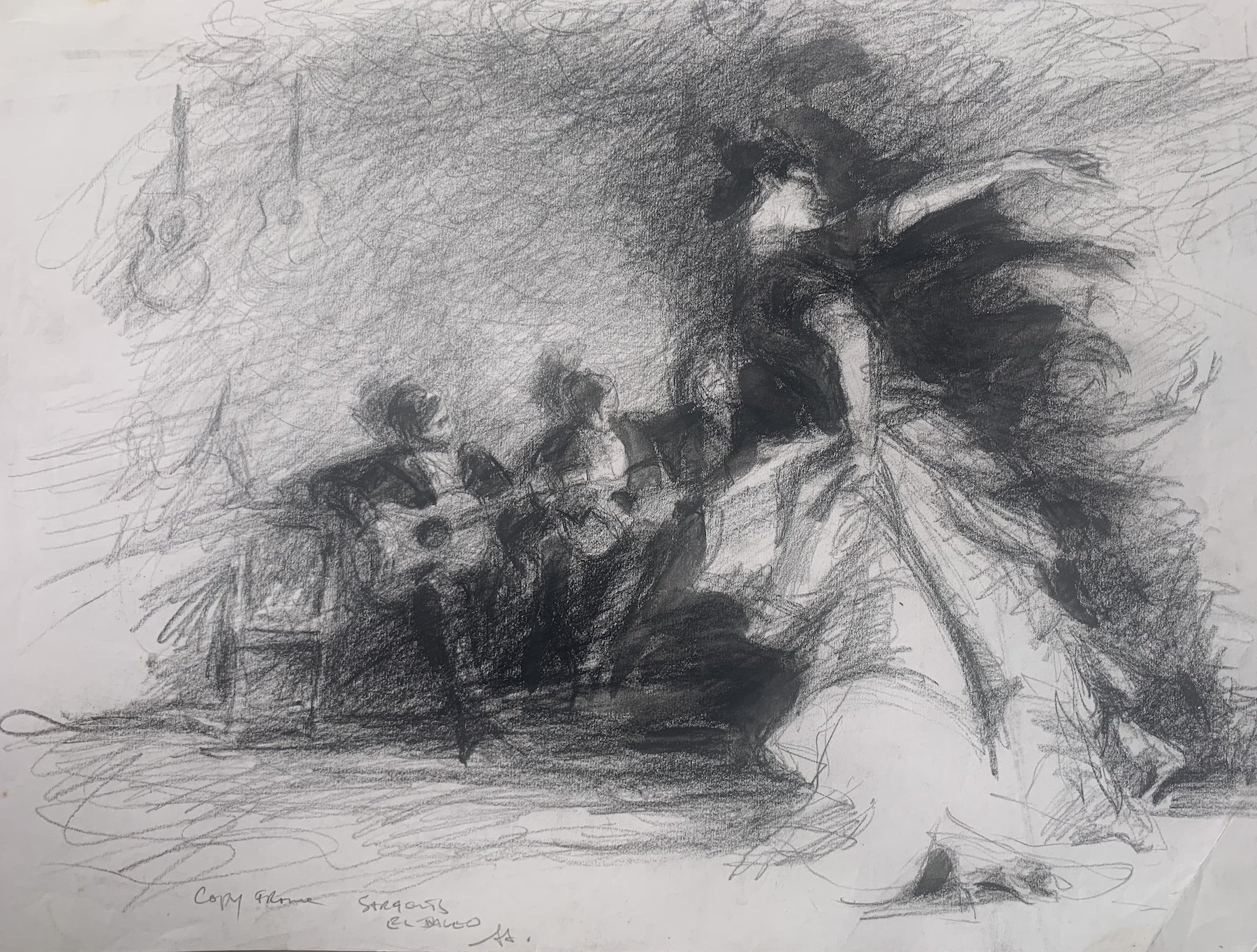 A charcoal sketch of a woman in a flowing dress dancing with a group of children holding guitars, with musical instruments hanging on the wall in the background.
