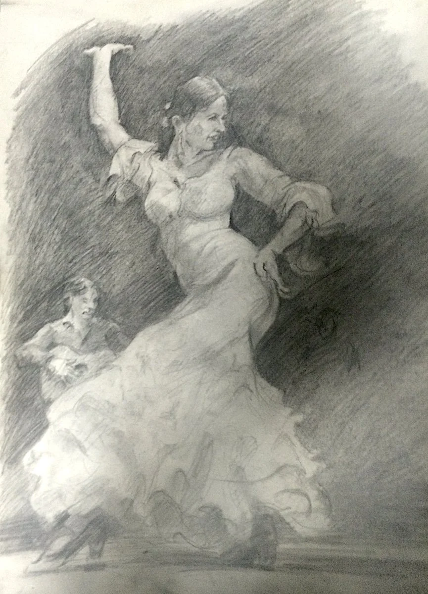 A detailed pencil sketch of a woman dancing flamenco, holding a shoe in her right hand, with a smaller figure of a woman in the background.