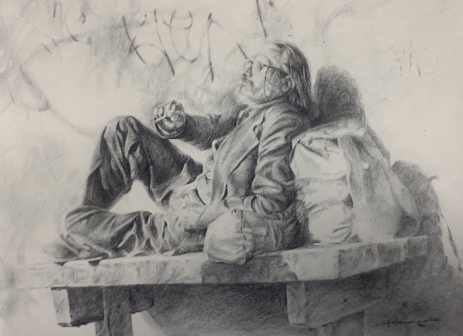 Black and white sketch of a person with long hair, wearing glasses, sitting on a ledge, smoking a cigarette, with a graffiti-covered wall in the background.