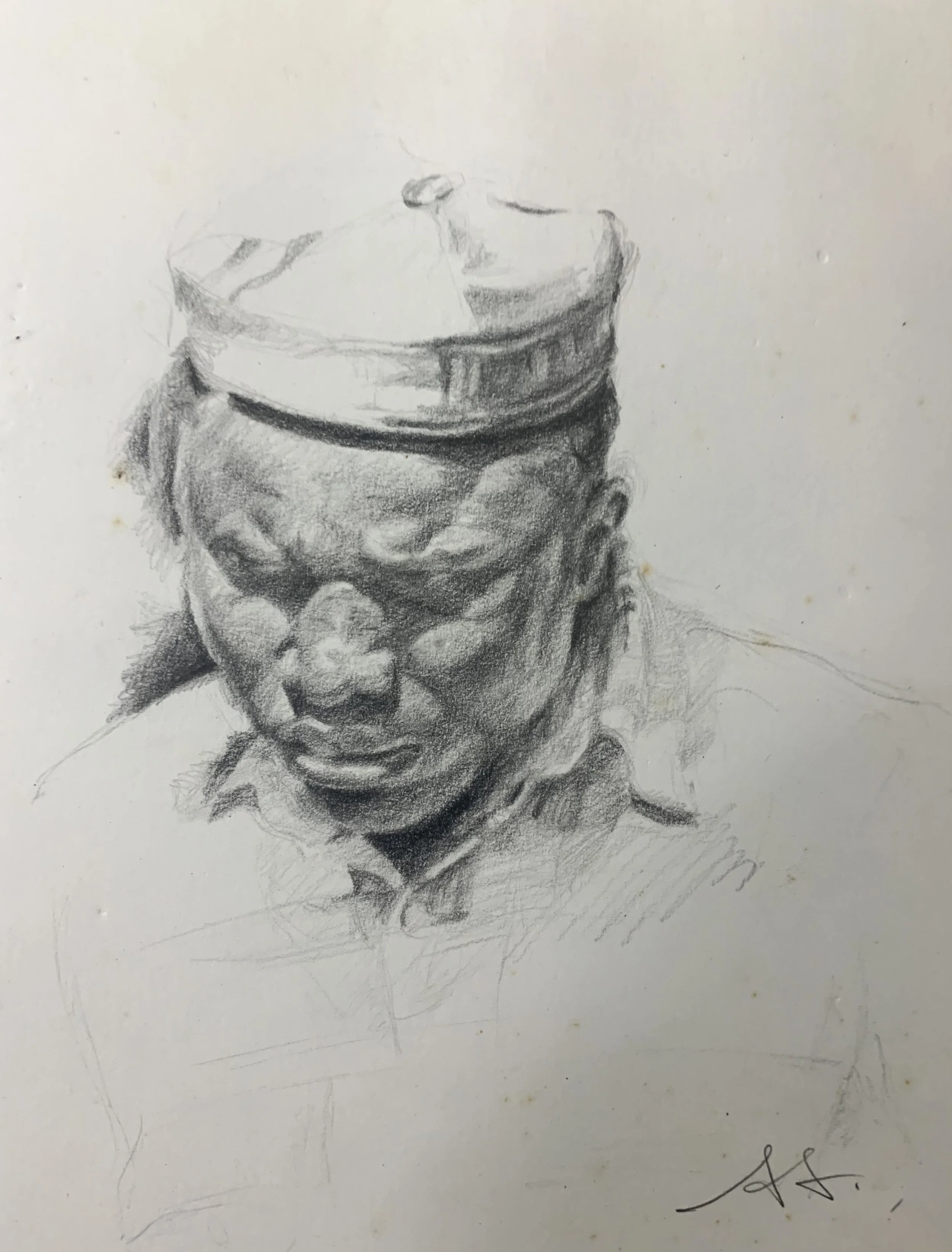 A detailed pencil sketch of a person wearing a military cap, with closed eyes and a serious expression.