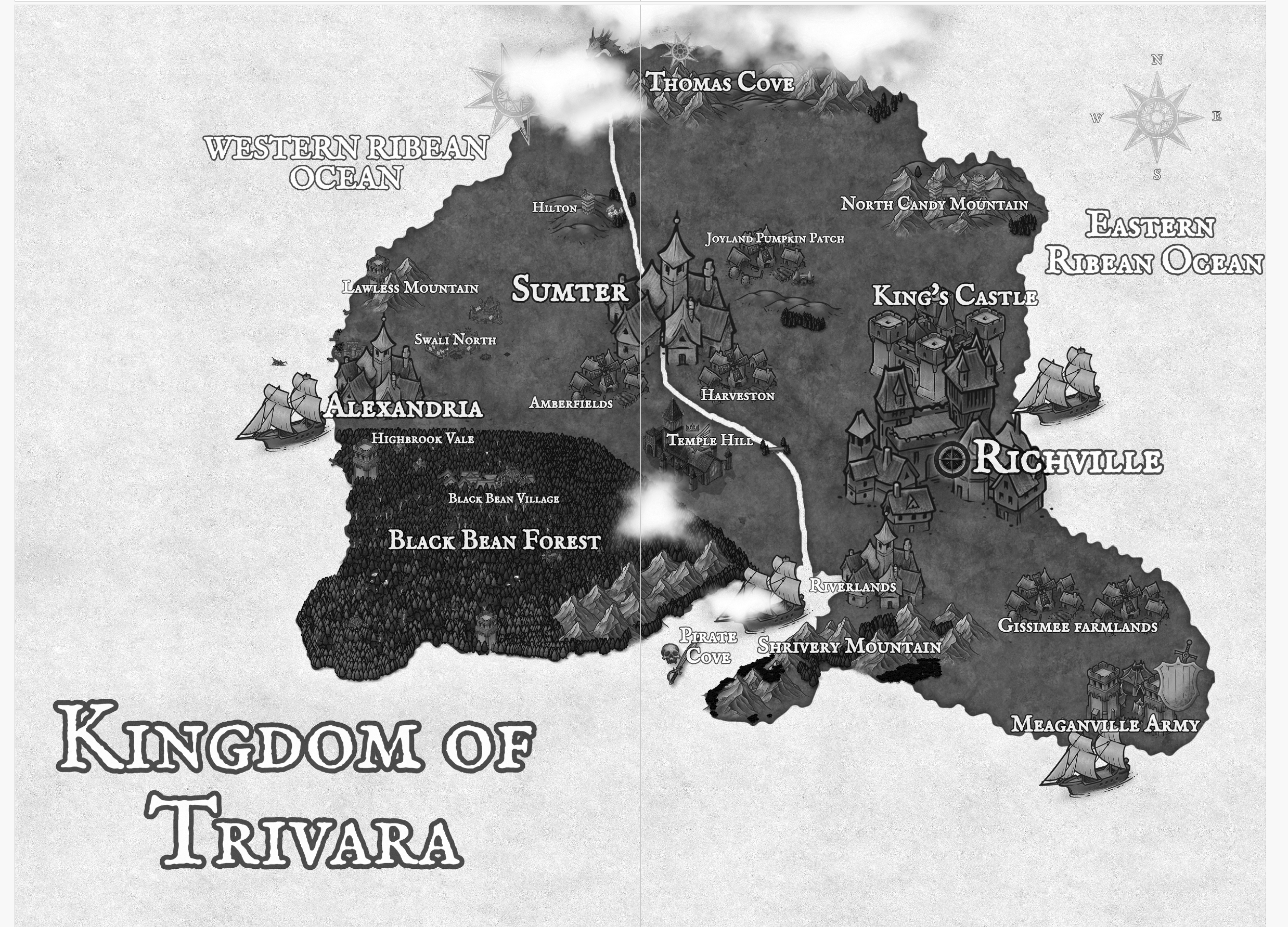 A detailed grayscale fantasy map of a fictional kingdom, showing regions such as Alexandria, Sumter, Richville, and other locations with various landmarks, mountains, forests, and castles.