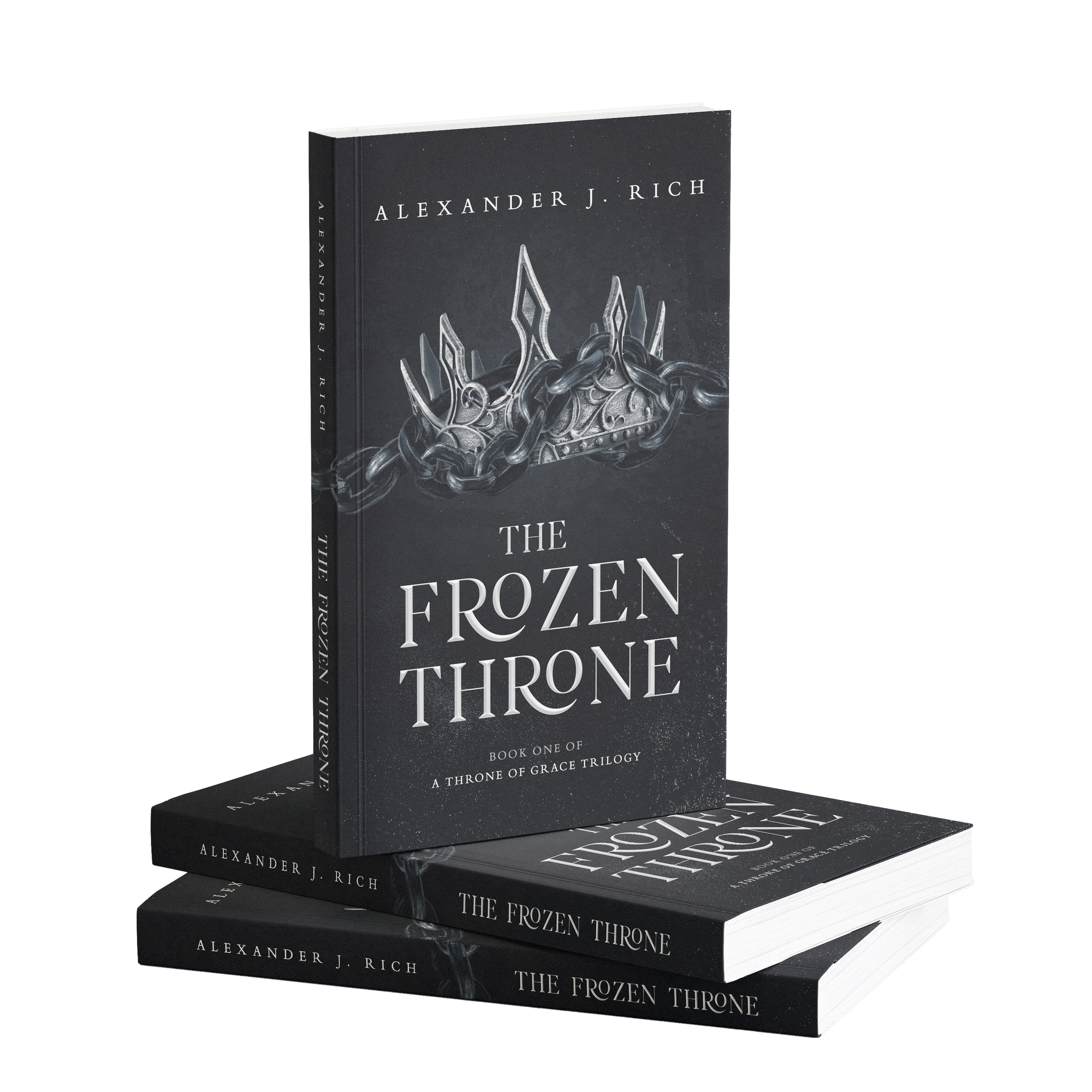 Cover of the book titled "The Frozen Throne" by Alexander J. Rich, featuring a metallic crown with chains and chains.