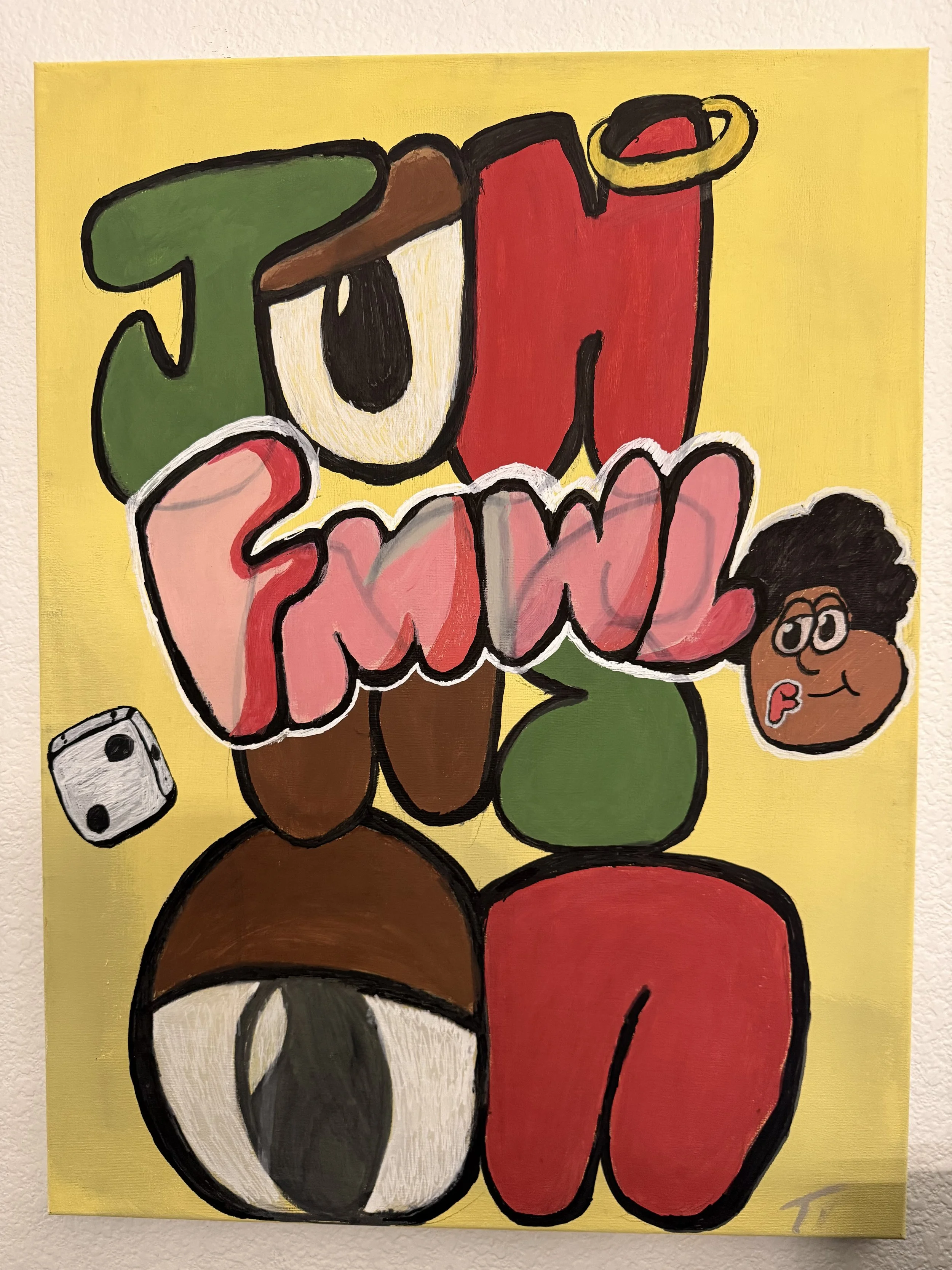 Colorful poster with the words "TOO FUN" in bold, playful letters against a yellow background. The letters are decorated with various colors and patterns, including green, red, brown, and pink. The poster features cartoon-like illustrations, including a face with big eyes and curly hair, a gaming controller, a dog biscuit, and a yellow ring, all whimsical and stylized.