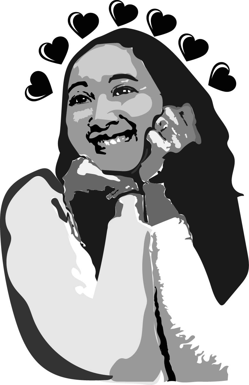 Vector illustration of a smiling woman with long hair, rest her chin on her hand, surrounded by black hearts.