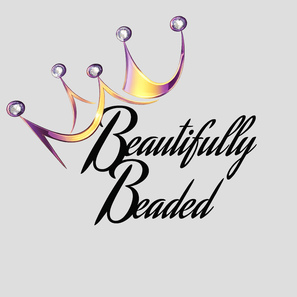 A logo featuring two purple and gold crowns with diamond-like tips above the text 'Beautifully Beaded' in black cursive font.