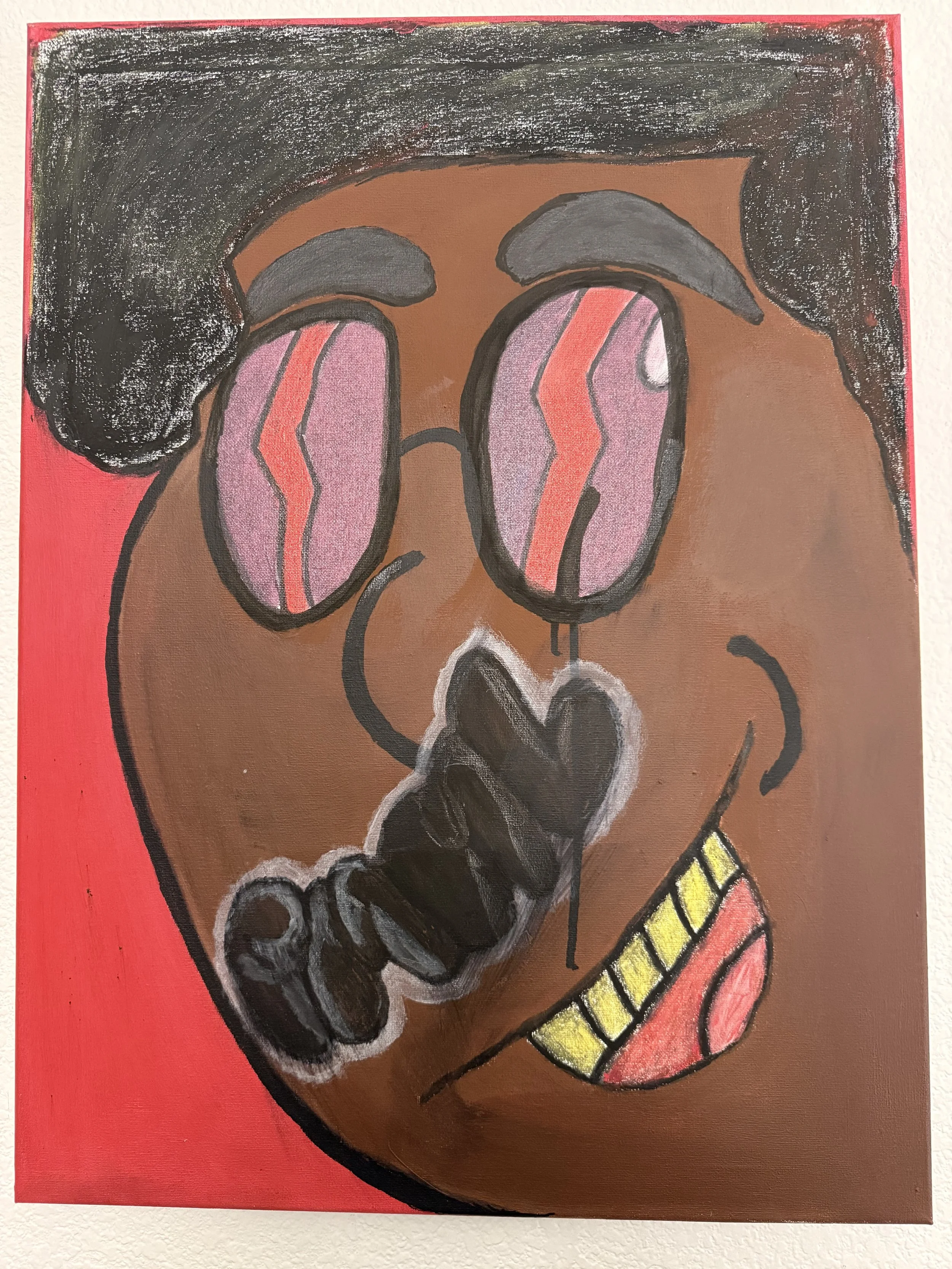 A colorful abstract painting of a person's face with large pink sunglasses, gray eyebrows, black hair, and a wide smile showing yellow and pink teeth.