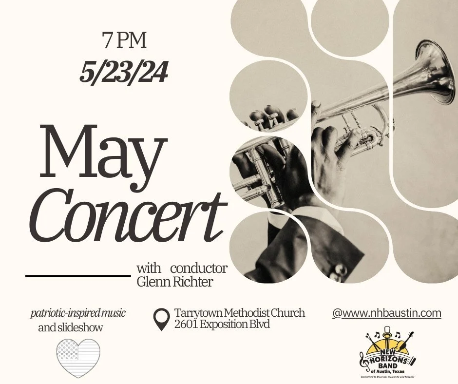 Event poster advertising a May concert on May 23, 2024, at 7 PM with conductor Glenn Richter at Tarrytown Methodist Church in Austin, Texas. Features a black and white photo of a person playing a trumpet integrated into a geometric design.