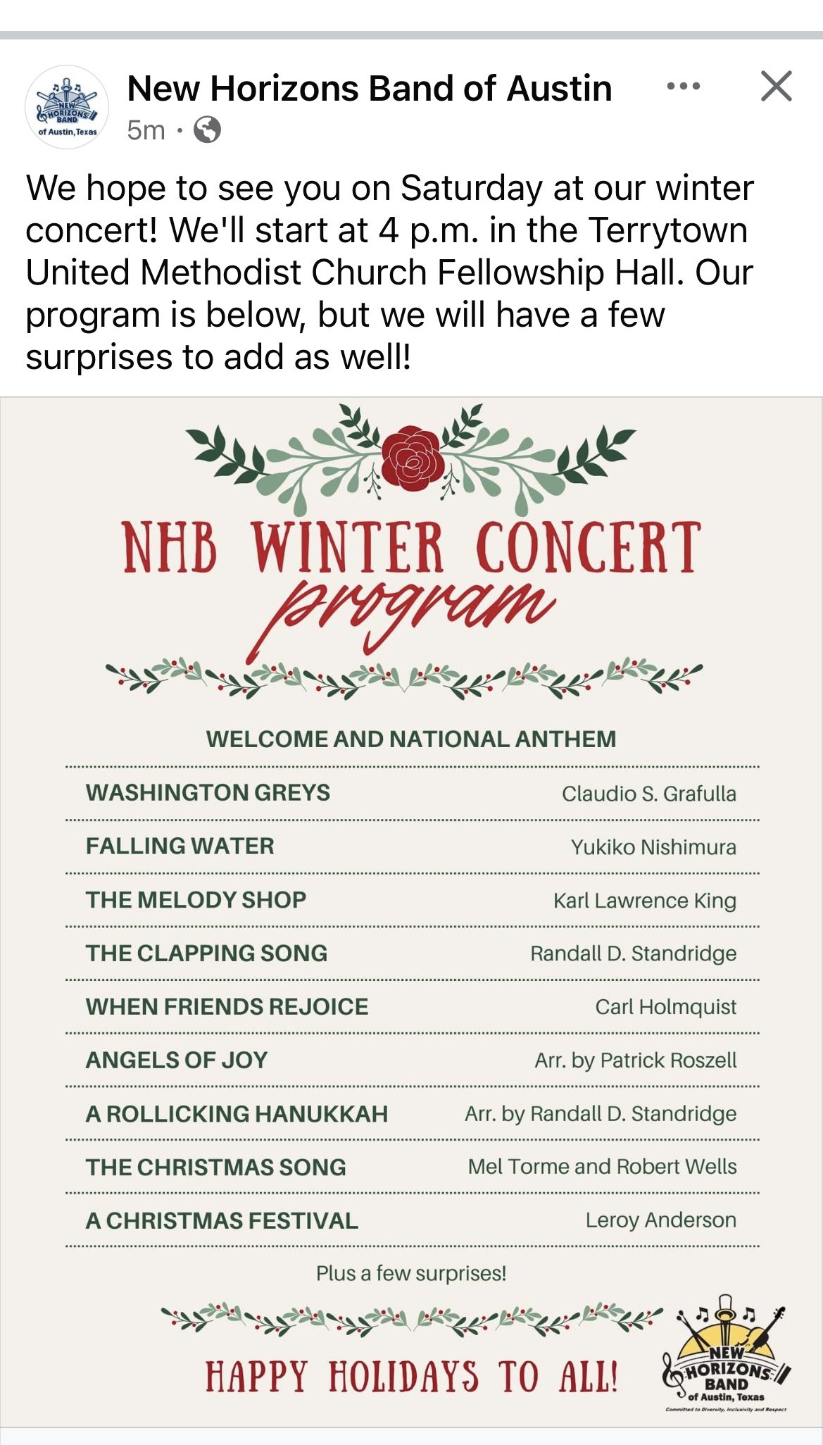 Digital flyer for New Horizons Band of Austin winter concert, including program lineup with song titles and composers, decorative holiday-themed design, and band logo with musical instruments.