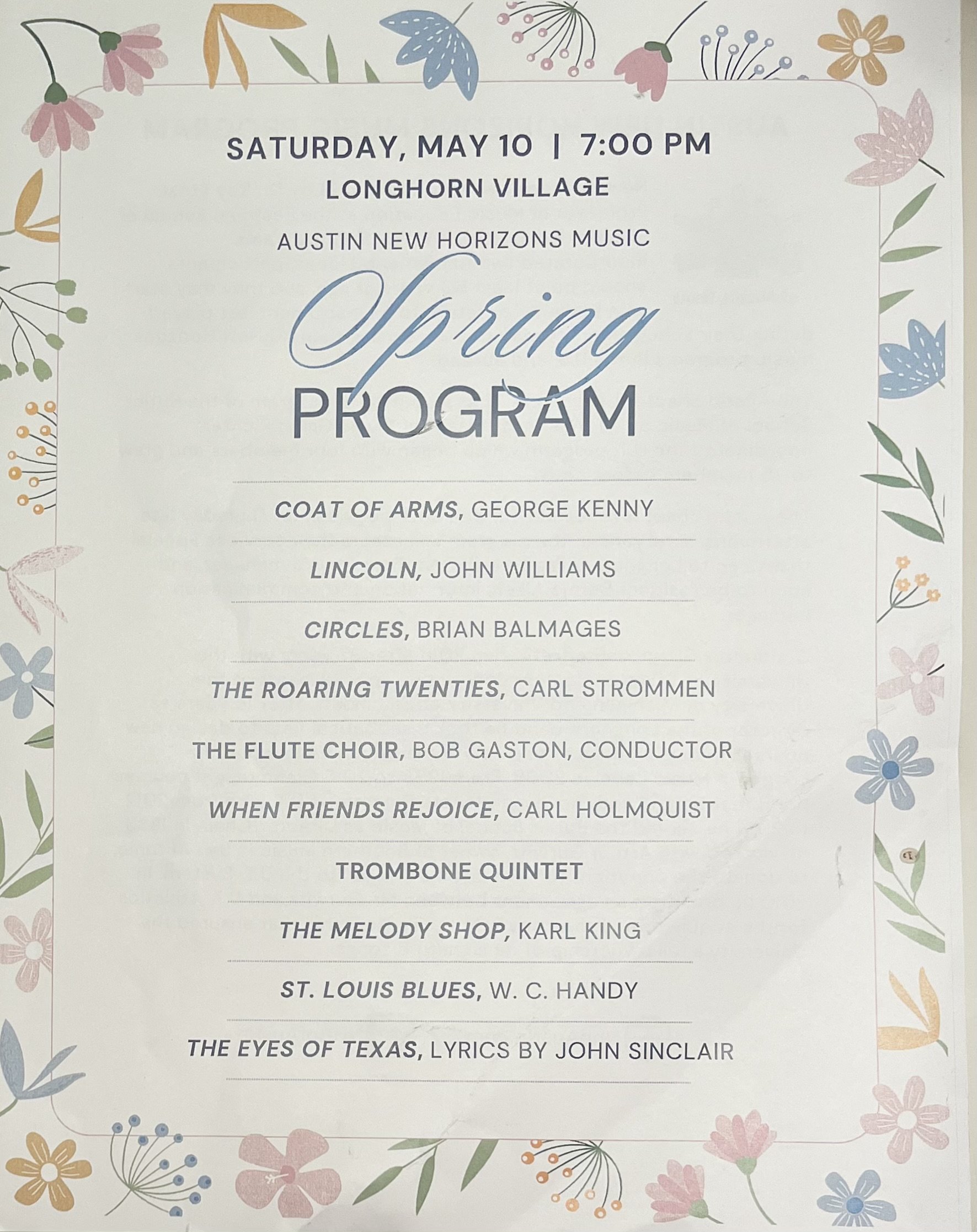 Spring program flyer for a New Horizons Band of Austin, Texas concert on May 10 at 7:00 pm in Longhorn Village.