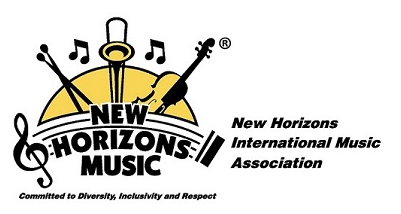 Logo of New Horizons International Music Association featuring musical instruments and notes with the text.