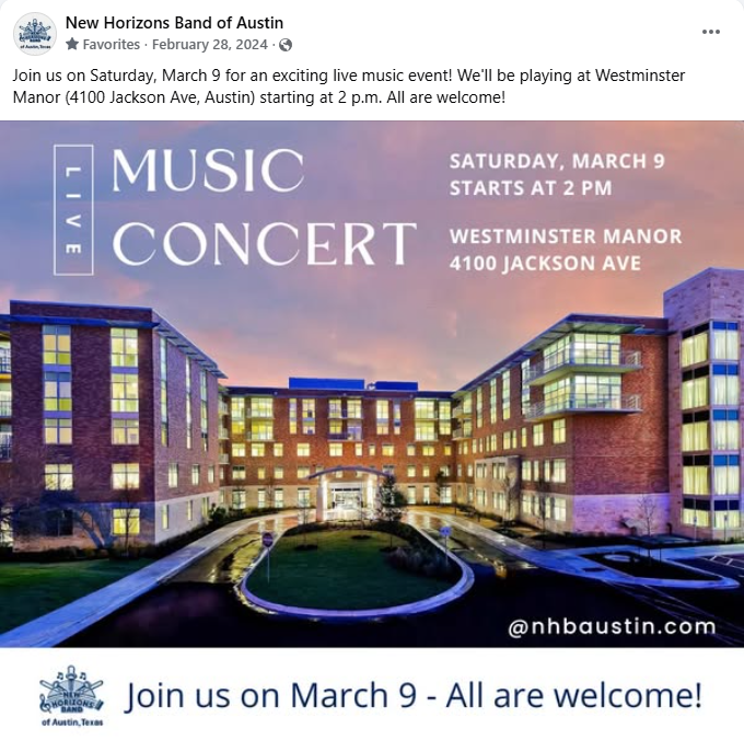 Promotional flyer for a live music concert hosted by New Horizons Band of Austin, scheduled for Saturday, March 9, starting at 2 p.m. at Westminster Manor, 4100 Jackson Ave, Austin. The background features an image of a multi-story building with illuminated windows during sunset or dusk.