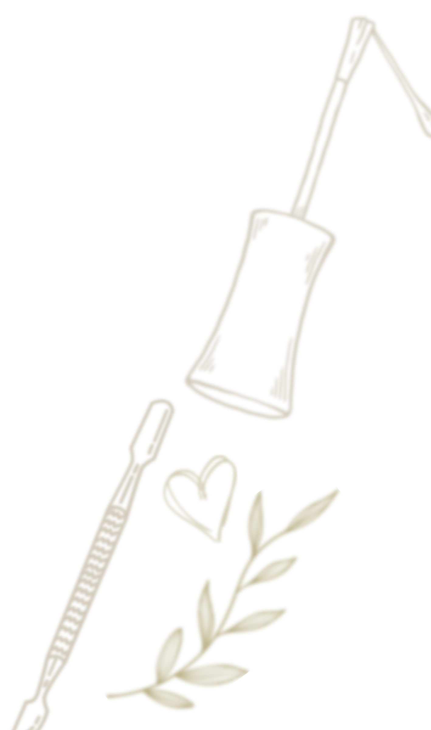 A digital illustration featuring a bottle with a straw, a pen, a heart-shaped object, and branches with leaves, set against a black background with decorative gold or beige accents.