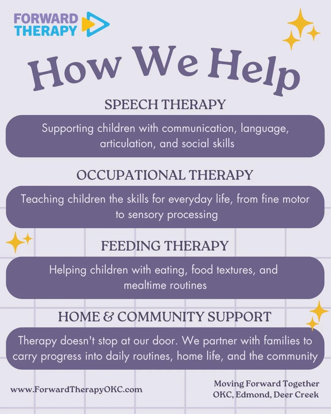 Whether you&rsquo;ve heard of us already or this is our first introduction, welcome! 👋

At Forward Therapy, we offer services designed to help kids move forward towards a happy, successful life:

🗣️ Speech Therapy: Helping children find their voice