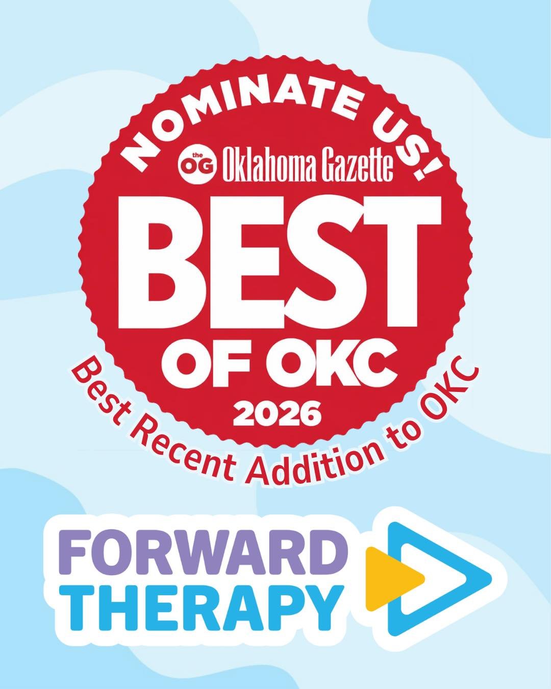 We think Forward Therapy is pretty special, and maybe you do too 💜

Nominations are officially open for the Best of OKC awards from the Oklahoma Gazette, and we would be so honored if you nominated us 🗳️ You can nominate Forward Therapy as the &ldq