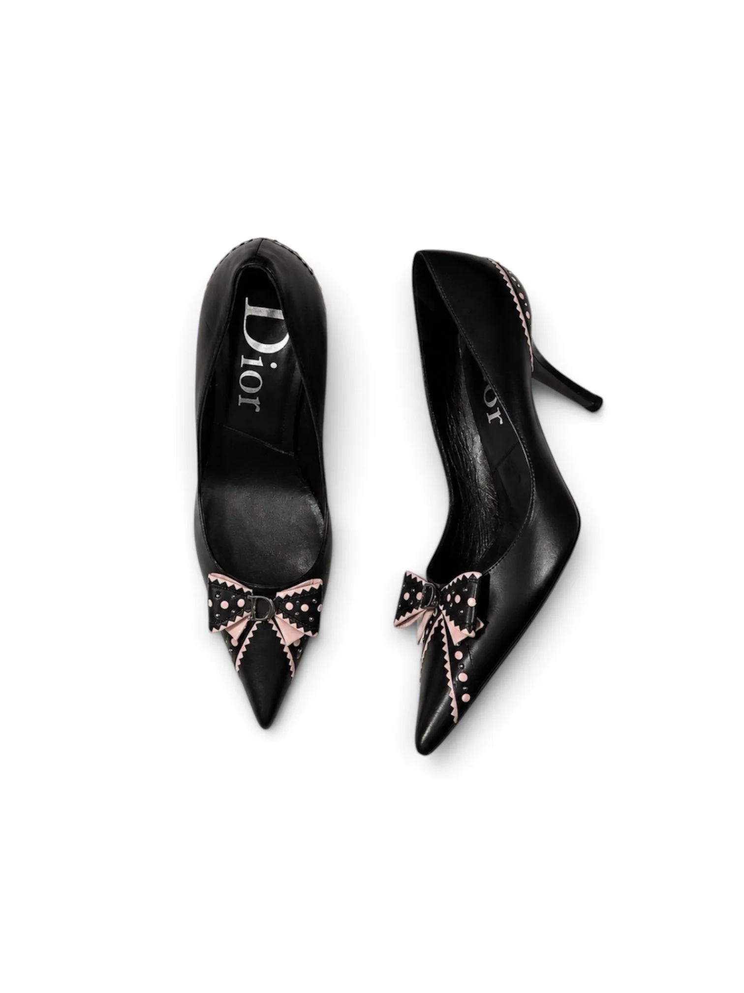 View of vintage Dior bow mules, black and pink