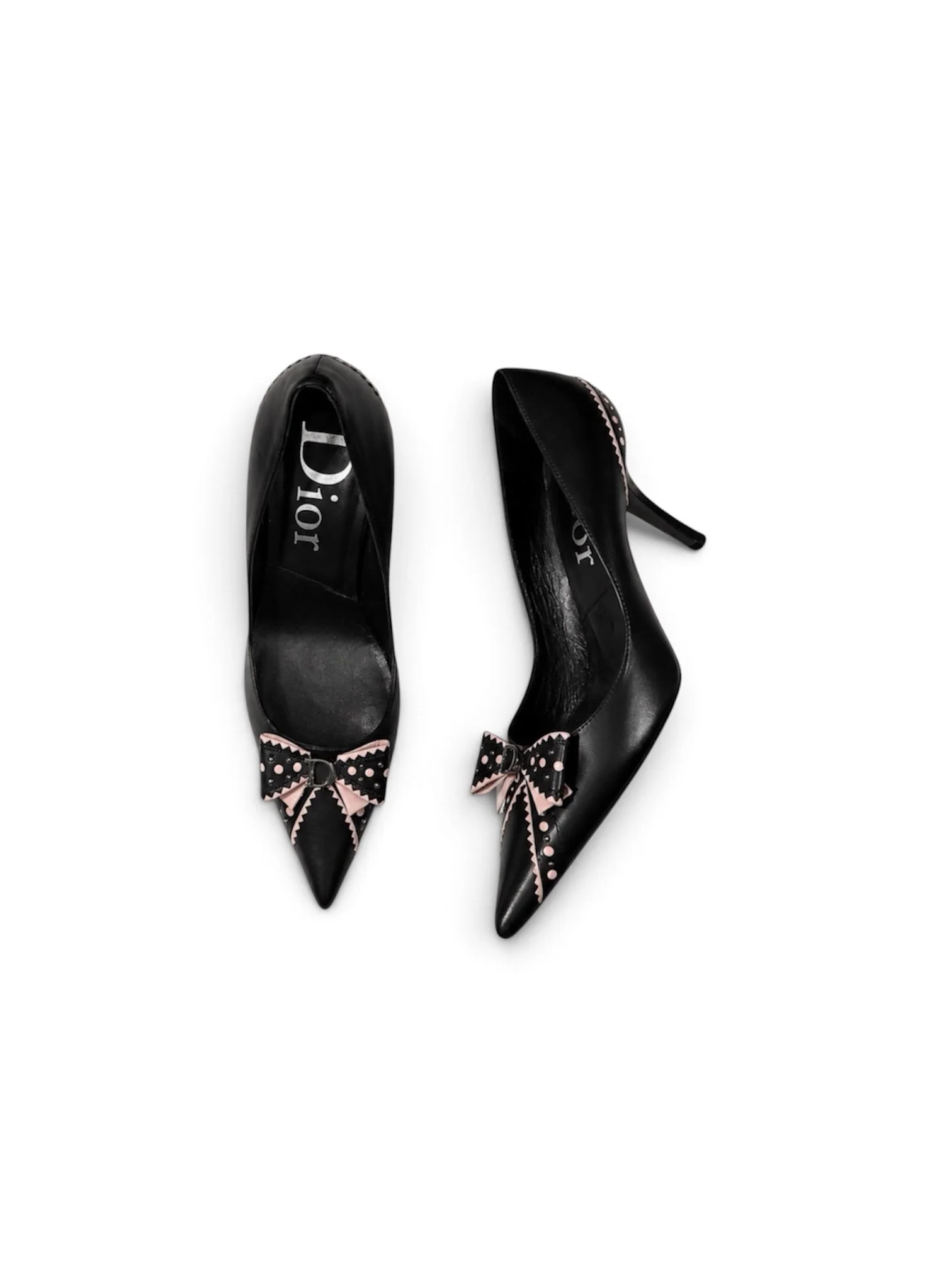 View of vintage Dior bow mules, black and pink